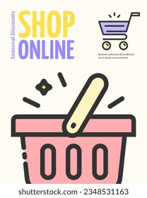 Online Shop Vertical Invitation Placard Poster Banner Card Template with Shopping Basket and Trolley . Vector illustration