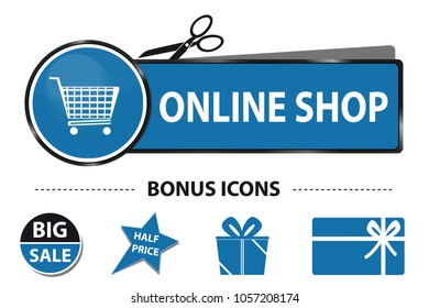 Online Shop Web Button With Shopping Cart And Bonus Icons - Vector Sticker Illustration With Scissor And Cut Line - Isolated On White Background