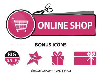 Online Shop Web Button With Shopping Cart And Bonus Icons - Vector Sticker Illustration With Scissor And Cut Line - Isolated On White Background