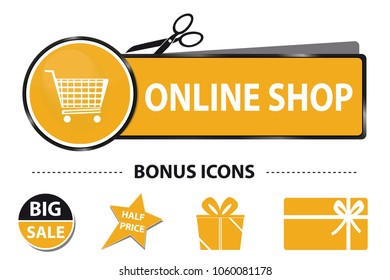 Online Shop Web Button With Shopping Cart And Bonus Icons - Vector Sticker Illustration With Scissor And Cut Line - Isolated On White Background