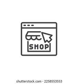 Online-Shop-Website-Symbol. lineares Stilzeichen für mobiles Konzept und Webdesign. Shopping online Umriss Vektorsymbol. Symbol, Logo-Abbildung. Vektorgrafik