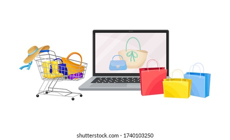 Online Shop Web Site on Laptop Screen with Clothing Items in Cart Vector Illustration