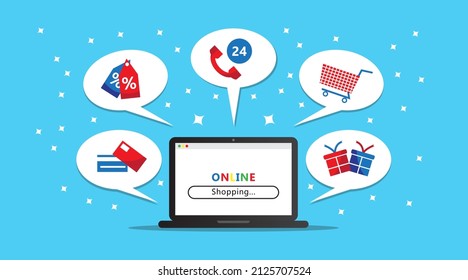 Online shop web site service, solution one application for all needs. Like buying products, promo, payment, and customer services, laptop on desk illustration.