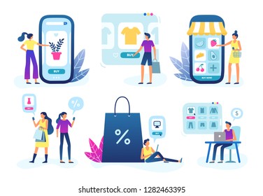 Online shop. Web store business, customer goods delivery service and internet buying and selling. Website online shopping smartphone app. Vector flat illustration isolated icons set