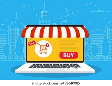 Online shop. Web store. Digital Marketing, store, E-commerce shopping concept. Striped awning, laptop screen buy. Fashion design for web UI, banner. Vector illustration in flat style