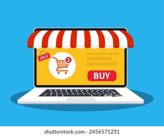 Online shop. Web store. Digital Marketing, store, E-commerce shopping concept. Striped awning, laptop screen buy. Fashion design for web UI, banner. Vector illustration in flat style