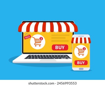 Online shop. Web store. Digital Marketing, store, E-commerce shopping concept. Computer and smartphone with awning. Fashion design for web UI, banner. Vector illustration in flat style