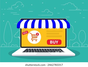 Tienda online. Tienda de Web. Marketing digital, tienda, concepto de compras de comercio electrónico. Toldo a rayas, compra de pantalla de ordenador portátil. Diseño de moda para Web UI, Anuncio. Ilustración vectorial en estilo plano