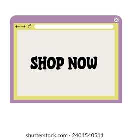 Online shop web window with sign "shop now". Buy, e-commerce, small business, browser, computer.