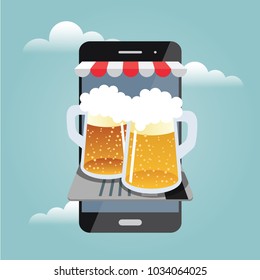 Online shopfront. Mobile searching. Looking for bar. Isometric mobile and beer. Online payments by credit card