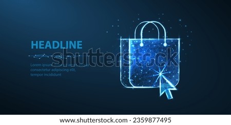 Online shoping concept. Digital bag and pointer on blue. Online shop, digital commerce, order click, consumer package, sale concept, internet technology, web store, delivery retail.