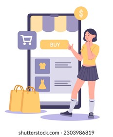 Online shoping concept. Woman with packages stands near smartphone. Electronic commerce and internet marketing. Payments and transfers, transaction. Home delivery. Cartoon flat vector illustration