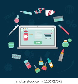 Online shoping medications and cosmetics on laptop screen. Online pharmacy vector concept. Set of flat design concept icons for web marketing.