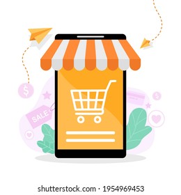 Online shoping with mobile app, Pushcart on the screen and striped awning.Flat vector illustration. Internet store, e-commerce concept. Flat vector illustration.