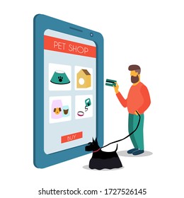 Online Shoping At Pet Store Site By Dog Owner Bearded Man.  Hipster, Scottish Terrier.vector Flat Illustration