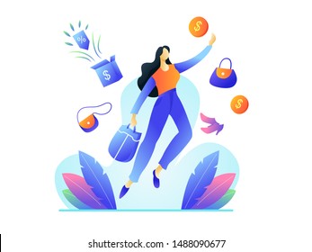 Online Shoping. Sale Concept.Young Girl Shoping. Vector Illustration