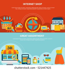 Online shopping 2 colorful horizontal banners with basket flight clothes gadget symbols great assortment captions flat vector illustration