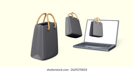 Online Shopping with 3D Bags and Laptop Display. Minimalistic E-Commerce Scene with Floating Bag Concept for Digital Marketing. Vector Illustration