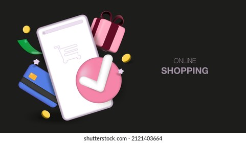 Online shopping. Online shopping 3d design mobile apps. For web banners and posters. Vector illustration realistic