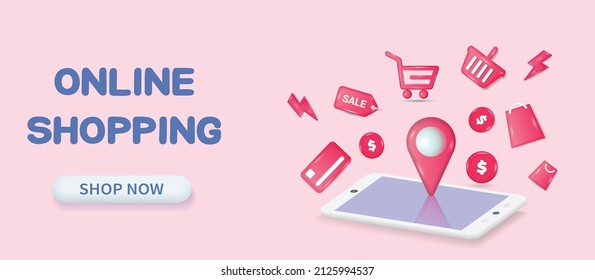 Online shopping 3D , digital marketing online ,shopping store on website,online payment 