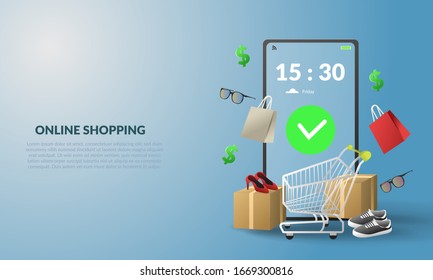 online shopping 3d illustration banner with smarthphone illustration