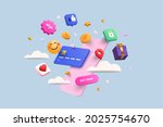 Online shopping 3D Illustration, online shop, online payment and delivery concept with floating elements. sale banner, gift box, discount, social advertising. 3D Vector Illustration.