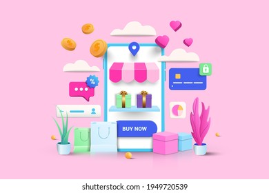 Online shopping 3D Illustration, online shop, online payment and delivery concept. sale banner, bag, discount, social advertising. 3D Vector Illustration.
