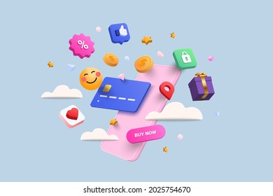 Online shopping 3D Illustration, online shop, online payment and delivery concept with floating elements. sale banner, gift box, discount, social advertising. 3D Vector Illustration. - Shutterstock ID 2025754670