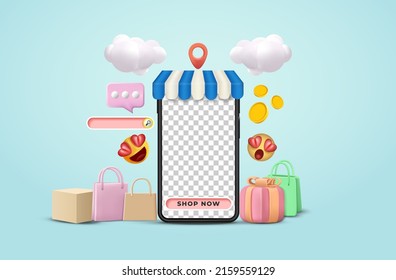 Online shopping 3D Illustration, online shop, online payment and delivery concept. sale banner, bag, discount, social advertising. 3D Vector Illustration.