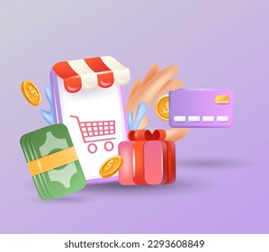 Online shopping 3D Illustration, online shop, online payment and delivery concept. Mobile marketing and digital marketing. 3D Web Vector Illustrations.