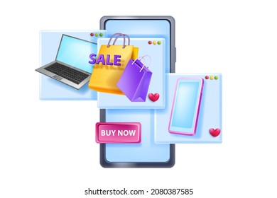 Online shopping 3D illustration, vector internet mobile store, smartphone screen, laptop, paper bag. Web sale gift, e-commerce discount advertisement concept, virtual payment service. Online shopping