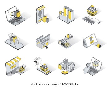 Online shopping 3d isometric icons set. Pack elements of purchases in bags, choose of goods, adding to cart, online payment, discount prices on website. Vector illustration in modern isometry design