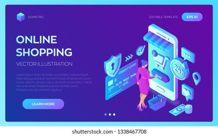 Online shopping. 3D isometric online store. Shopping Online on Website or Mobile Application. Woman customer character. E-commerce sales. Bank card, money and shopping bag. Vector illustration.