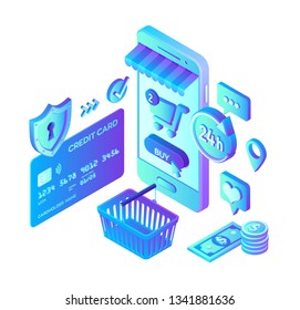 Online shopping. 3D isometric online store. Shopping Online on Website or Mobile Application. Concept of e-commerce sales, digital marketing. Bank card, money and shopping bag. Vector illustration.