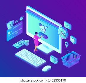 Online shopping. 3D isometric online store. Shopping Online on Website or Mobile Application. Concept of e-commerce sales, digital marketing. Bank card, money and shopping bag. Vector illustration.