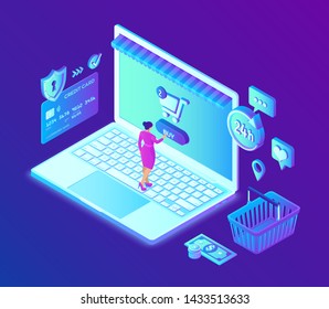Online shopping. 3D isometric online store. Shopping Online on Website or Mobile Application. Concept of e-commerce sales, digital marketing. Bank card, money and shopping bag. Vector illustration.