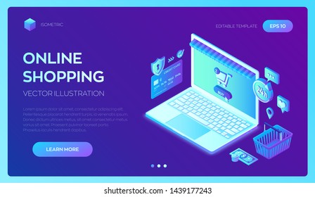 Online shopping. 3D isometric online store. Shopping Online on Website or Mobile Application. Concept of e-commerce sales, digital marketing. Bank card, money and shopping bag. Vector illustration.