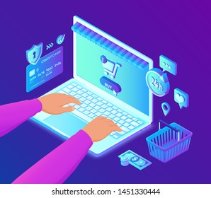 Online shopping. 3D isometric online store. Shopping Online on Website or Mobile Application. Isometric hands on the laptop keyboard. Bank card, money and shopping bag. Vector illustration.