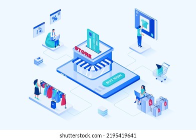 Online shopping 3d isometric web design. People choose new products at best prices with discounts on store pages, making purchases, use online payment and home delivery. Vector web illustration