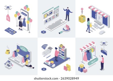 Online shopping 3d isometry concept for web design. Collection set with isometric people ordering new goods at store webpages, doing internet purchasing with payments in app. Vector illustration.
