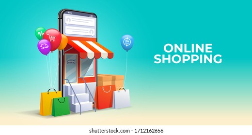 Online Shopping 3D Mobile Application smartphone Concept of Vector Marketing and Digital Marketing promotion of online stores. with isometric shopping bag and balloons. Delivery, chat, 24 hours icons