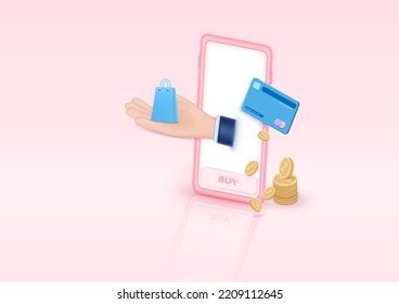 Online shopping 3d vector illustration. icon online payment and credit card or cash pass mobile smart phone. financial security on mobile 3d e commerce.