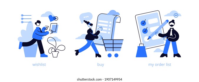 Juego de ilustraciones vectoriales de concepto abstracto de compras en línea. Lista de deseos,