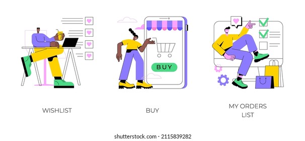 Online shopping abstract concept vector illustration set. Wishlist, buy, my orders list, add to shopping cart, product in stock, retail store, e-commerce website, user account abstract metaphor.