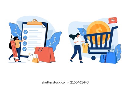 Online shopping abstract concept vector illustration set. Wishlist, buy, my orders list, add to shopping cart, product in stock, retail store, e-commerce website, user account abstract metaphor.