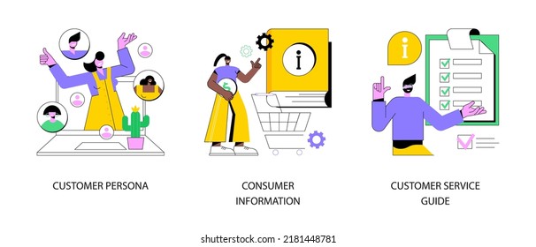 Online Shopping Abstract Concept Vector Illustration Set. Customer Persona, Consumer Information, Service Guide, Target Audience, Data-driven User Research, Brand Positioning Abstract Metaphor.