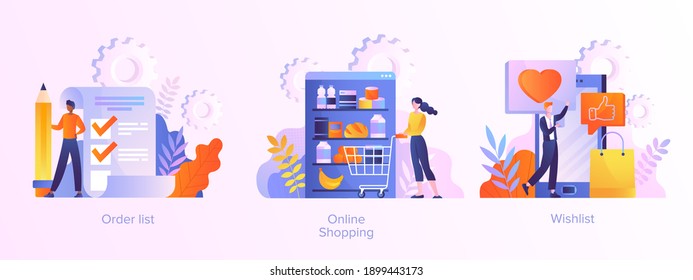 Online shopping abstract concept. Wishlist, buy, my orders list, add to shopping cart symbols. Set of isolated flat cartoon vector illustrations