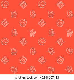 Compra en línea abstracta patrón sin fisuras. Formas vectoriales editables sobre fondo naranja. Textura de moda con iconos de color de dibujos animados. Diseño con elementos gráficos para interiores, tejidos, decoración de sitios web