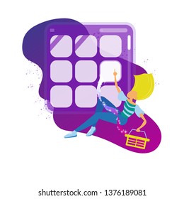 Online shopping. Abstraction. Bright gradient background. A girl with blond hair. Girl with a basket. Shop online.