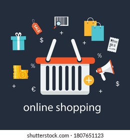 online shopping add to basket. e-commerce business background. Payment of purchases. business and finance concept. vector illustration in flat style modern design.
